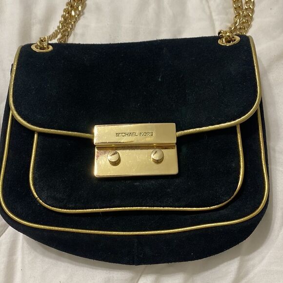 Michael Kors Suede Black + Gold Convertible Shoulder Bag - Picture 2 of 6